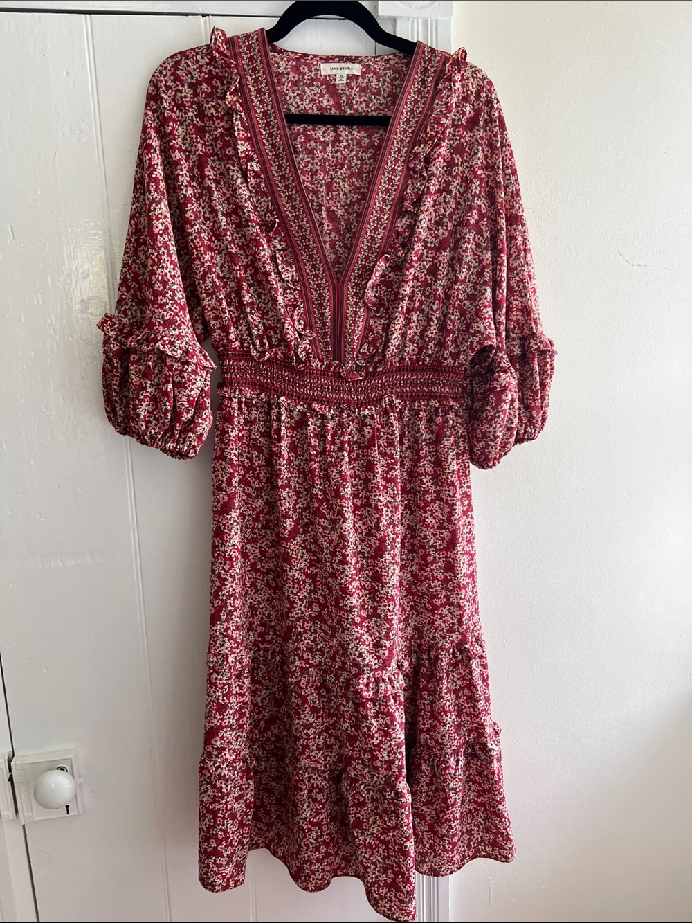 Max Studio Red Floral V-Neck Smocked Midi Dress